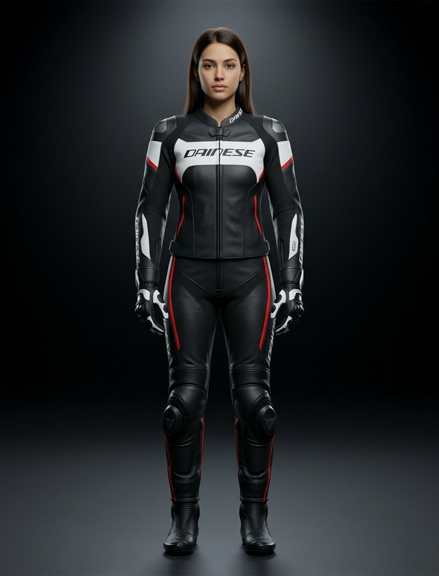 DAINESE WOMEN MOTORCYCLE PERFORATED LEATHER SUIT BLACK WHITE RED