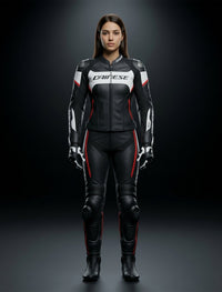 DAINESE WOMEN MOTORCYCLE PERFORATED LEATHER SUIT BLACK WHITE RED
