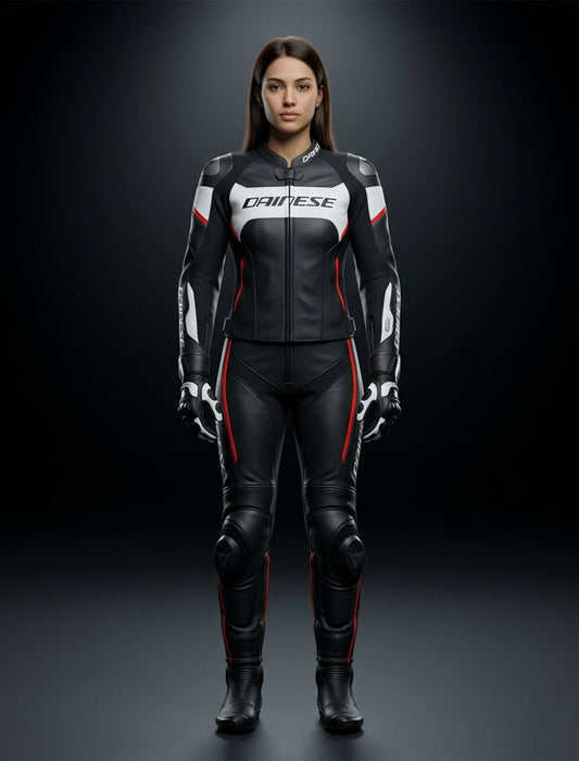 DAINESE WOMEN MOTORCYCLE PERFORATED LEATHER SUIT BLACK WHITE RED